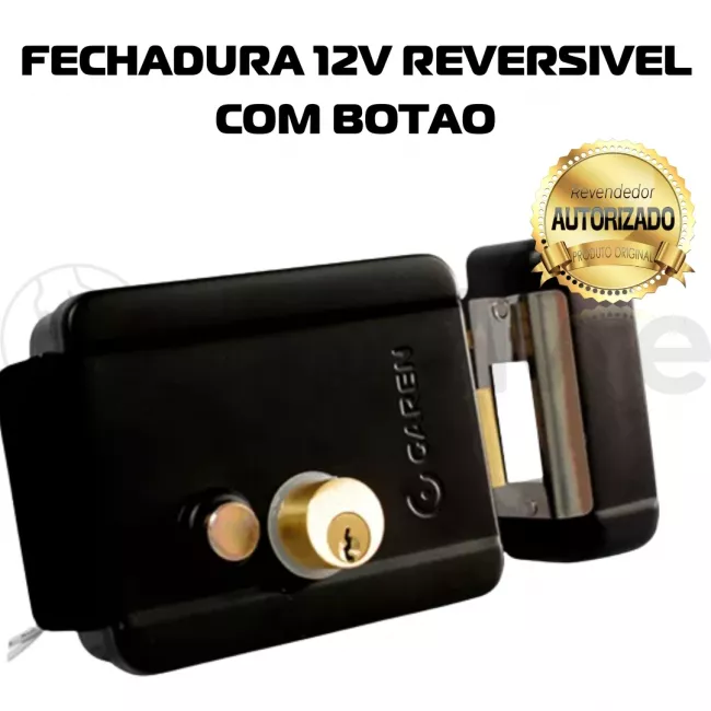 GAREN FECHADURA 12V REVERSIVEL C/ BOTAO PRETO GA42